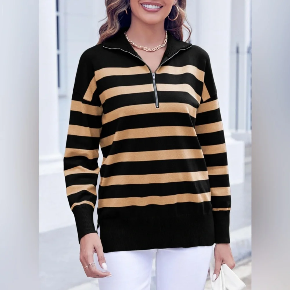 NWOT Women’s Long Sleeve Lightweight Khaki  & Black Striped Half Zip Sweat… - Picture 5 of 8